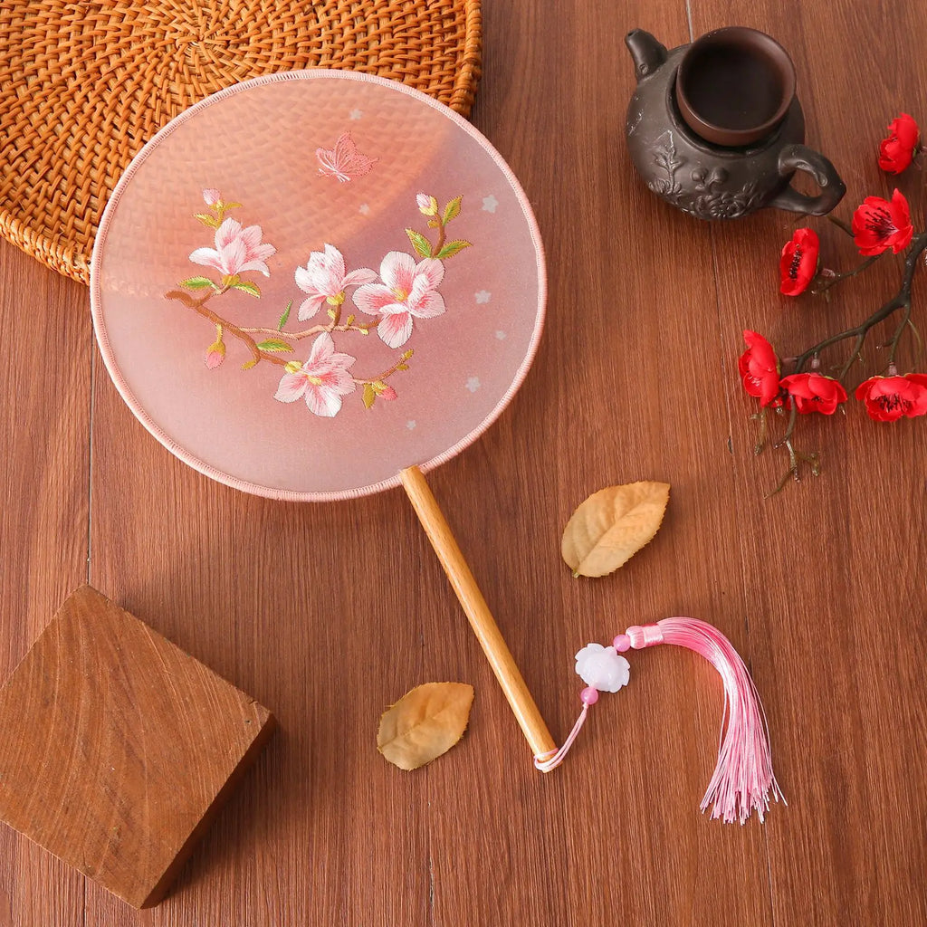 Chinese Style Silk Round Fan Double-sided Floral Embroidery Hand Fans with Tassel Summer Dance Fan For Women Wedding Home Decor Oasis Select Style 4