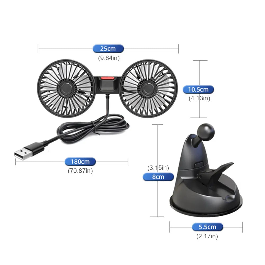 USB 5V Auto Cooler Fan Dual Head Vehicle Mounted Fan 360 Degree Rotation Adjustable 3 Speeds Car Electrical Appliances Oasis Select france