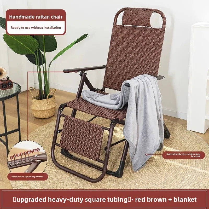 Rattan chair rattan woven folding lunch break recliner home leisure backrest elderly lazy chair durable nap bed folding chair Oasis Select Braided-Brown-C
