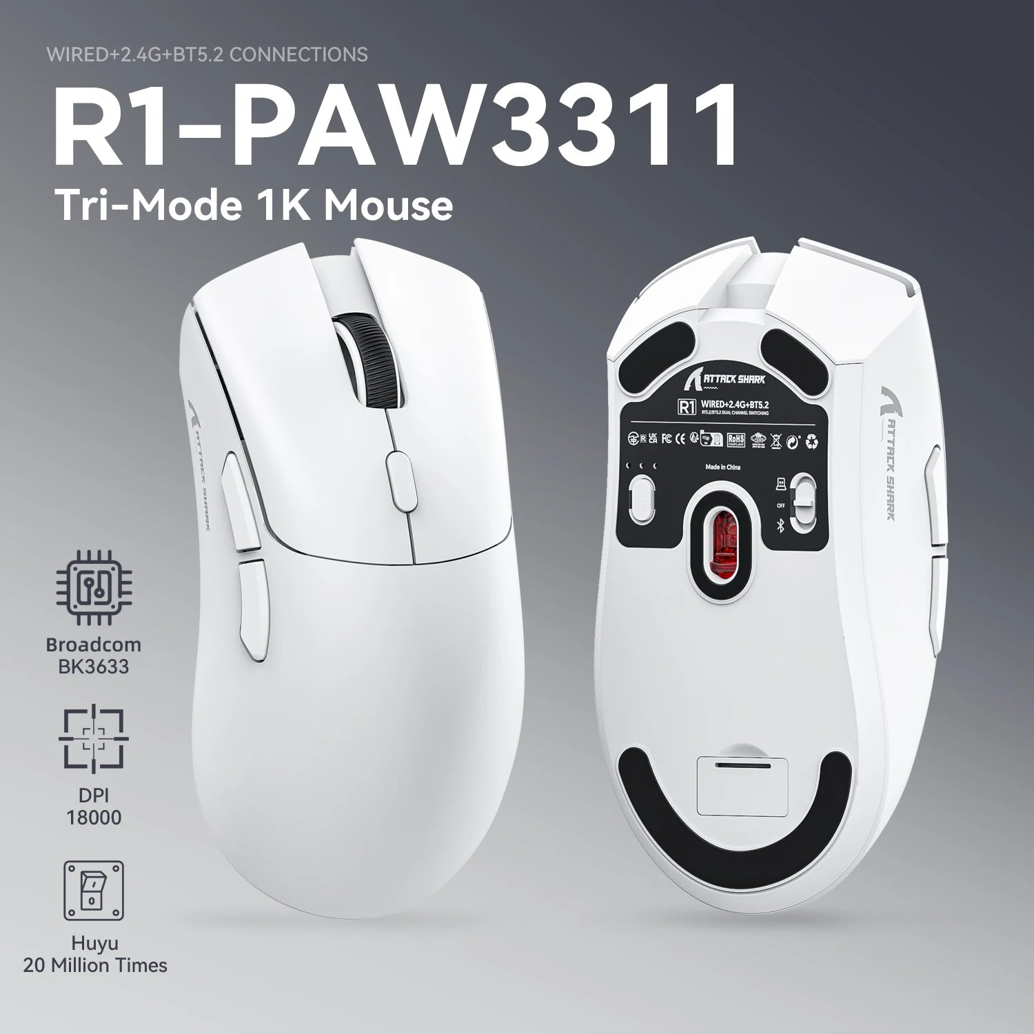 Attack Shark R1 Wireless Gaming Mouse Tri Mode 2.4G Bluetooth Wired 18K DPI 1000Hz PAW3311 Sensor 59g Lightweight Rechargeable Oasis Select