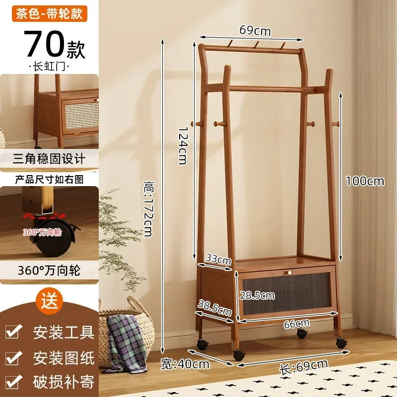 Multi-functional Bedroom coat hanger, floor-standing household mobile wheeled coat rack, retro indoor multi-functional coat rack Oasis Select Brown70