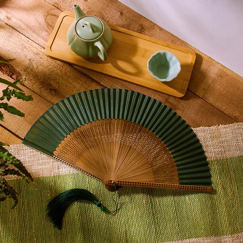 21cm Chinese style retro style green series Cherry Blossom gradient folding fan daily portable dance cheongsam fan Oasis Select 2