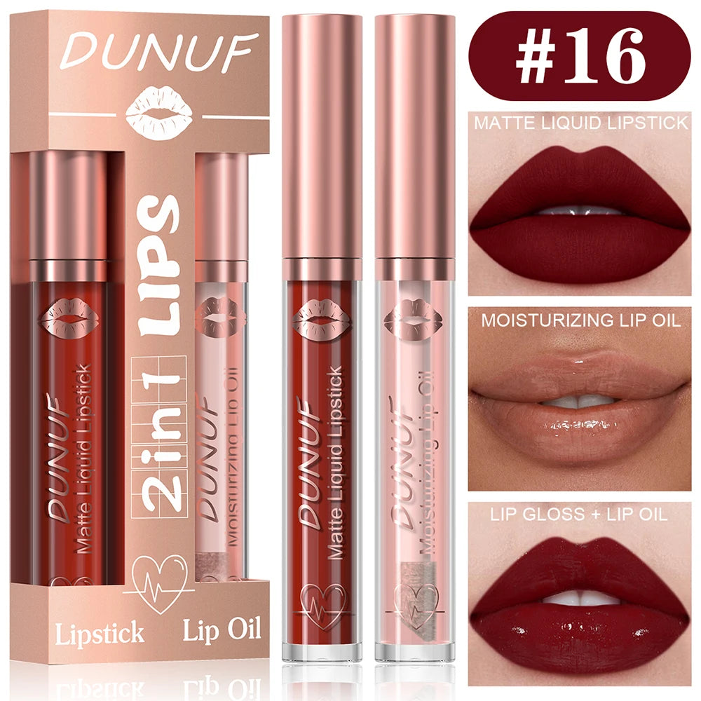 DUNUF Lip Gloss And Lip Oil Set 2-Piece Long-Lasting Waterproof Matte Moisturizing Non-Fading Lipstick Collection Oasis Select 16