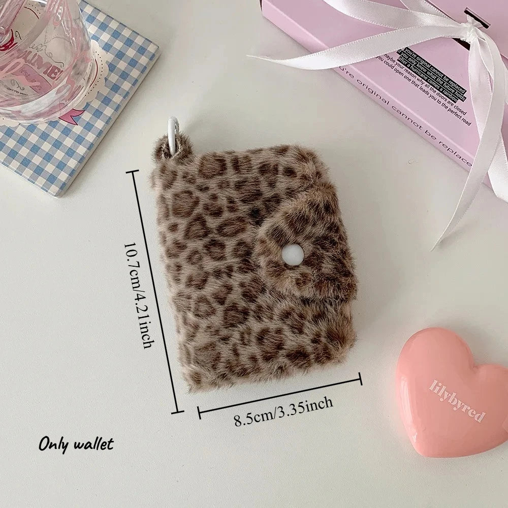 1pcs Female Leopard Print Plush Snap Button Coin Purse High-value Pendant Small Wallet Student Portable Meal Card Storage Bag Oasis Select brown