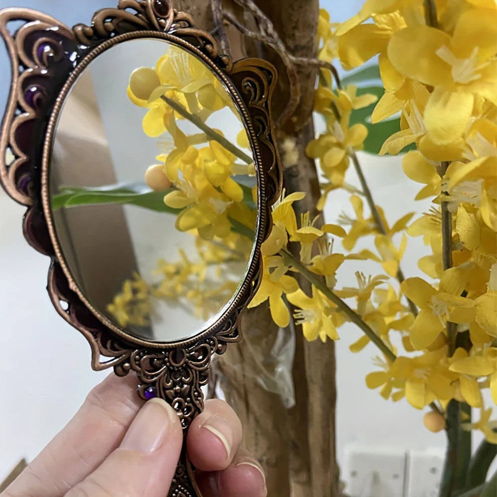 2pcs/Set Vintage Mirror And Comb Set Peacock Flower Decorative Mirror Comb Portable Makeup Mirror Comb (rhinetone Color Random) Oasis Select