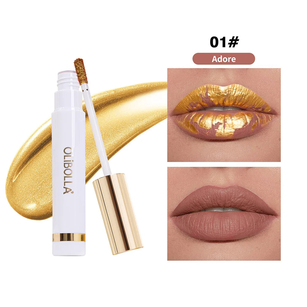Lip Stain Liquid Lipstick, 4 Colors Dual-use Matte Base & Metallic Gold Flake Top Coat, Long Lasting Shimmer Lip Makeup Oasis Select 01 Adore
