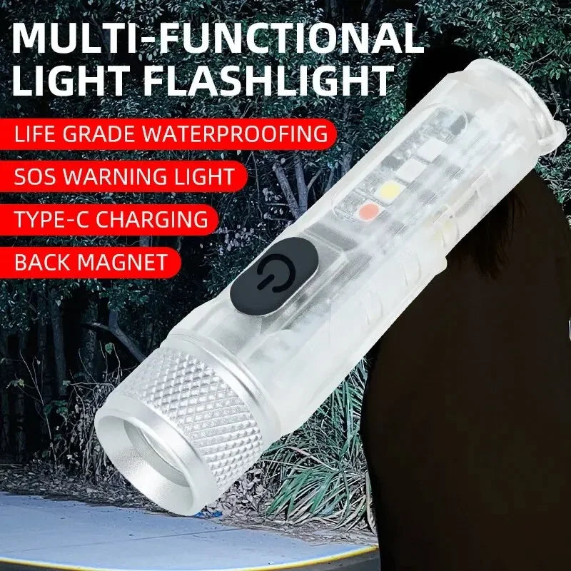 Mini LED Flashlight Type-C Waterproof Light Multi-Mode Flashlight Fluorescent Shell Clip Warning Lights Magnetic Key Chain Light Oasis Select
