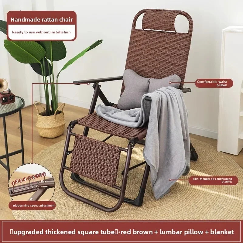 Rattan chair rattan woven folding lunch break recliner home leisure backrest elderly lazy chair durable nap bed folding chair Oasis Select Braided-Brown-D