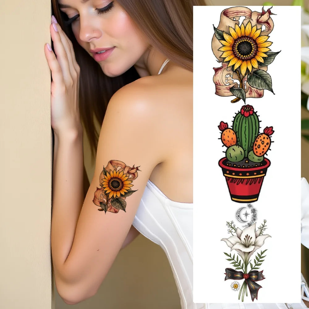 28pcs Waterproof Temporary Tattoos – Rose, Cactus & Sakura