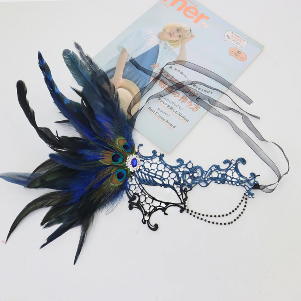 Feathers Design Half-Face Lace Mask Seductive Style Masquerade Feather Mask Fancy Prom Cosplay Masquerade Mask Oasis Select Black blue