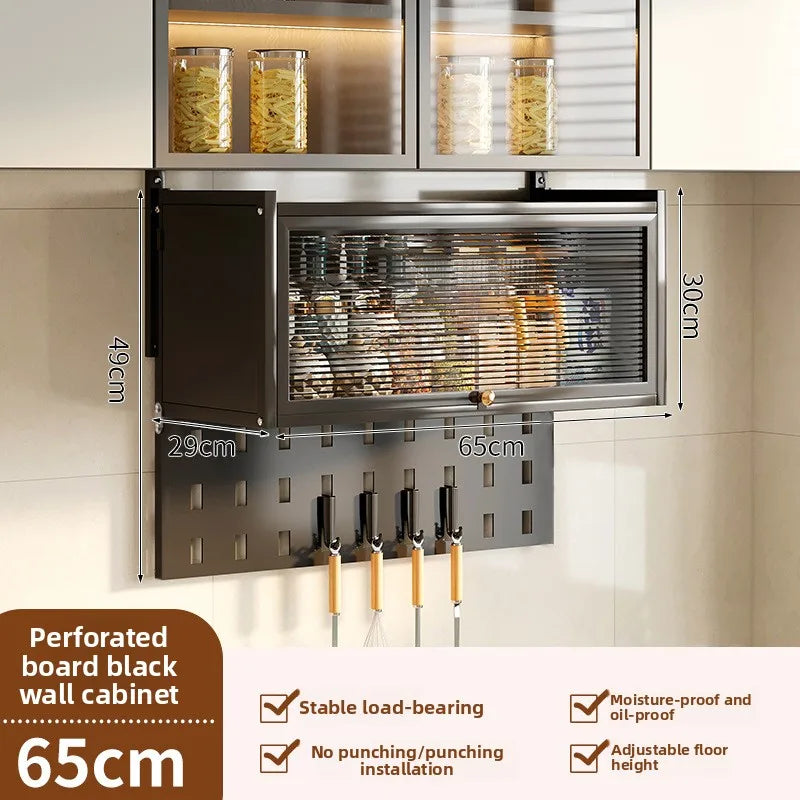 Kitchen multi-functional wall-mounted hanging cabinet seasoning rack upturned locker household dust with door storage rack Oasis Select Black-65-a
