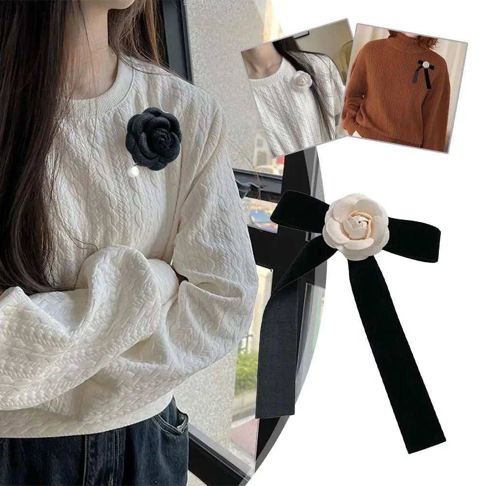 New Fabric Camellia Flower Brooch Velvet Bow Tie Ladies College Style Shirt Collar Pins Vintage Wedding Party Brooches for Women Oasis Select