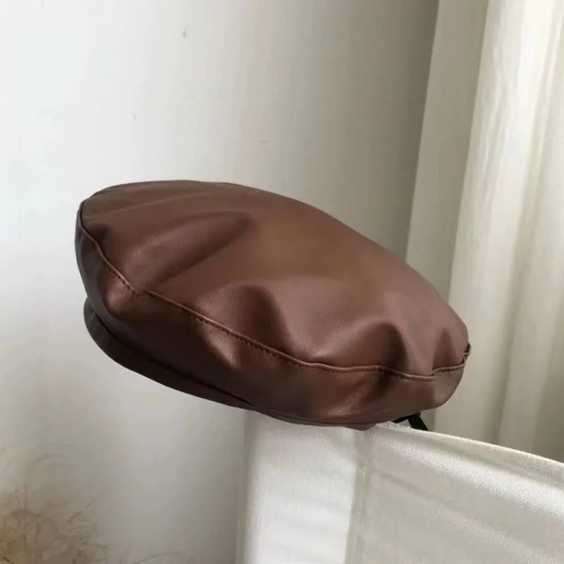 Women Girl Beret Hat French Retro Artist Beanie Hat Elegant Solid Color PU Leather Lady Painter Cap Spring Autumn Lady Berets Oasis Select Brown