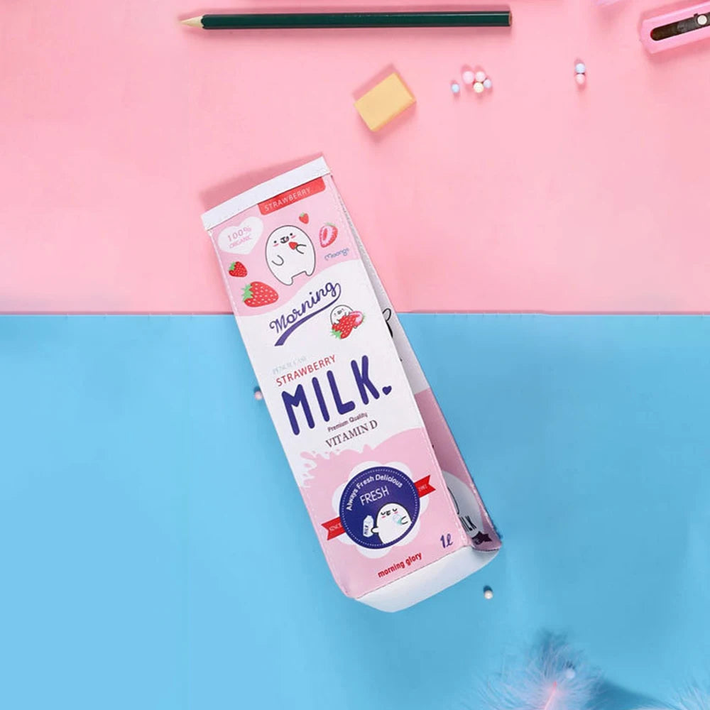 Cute Cartoon Milk Pencil Case – Large Capacity Student Bag