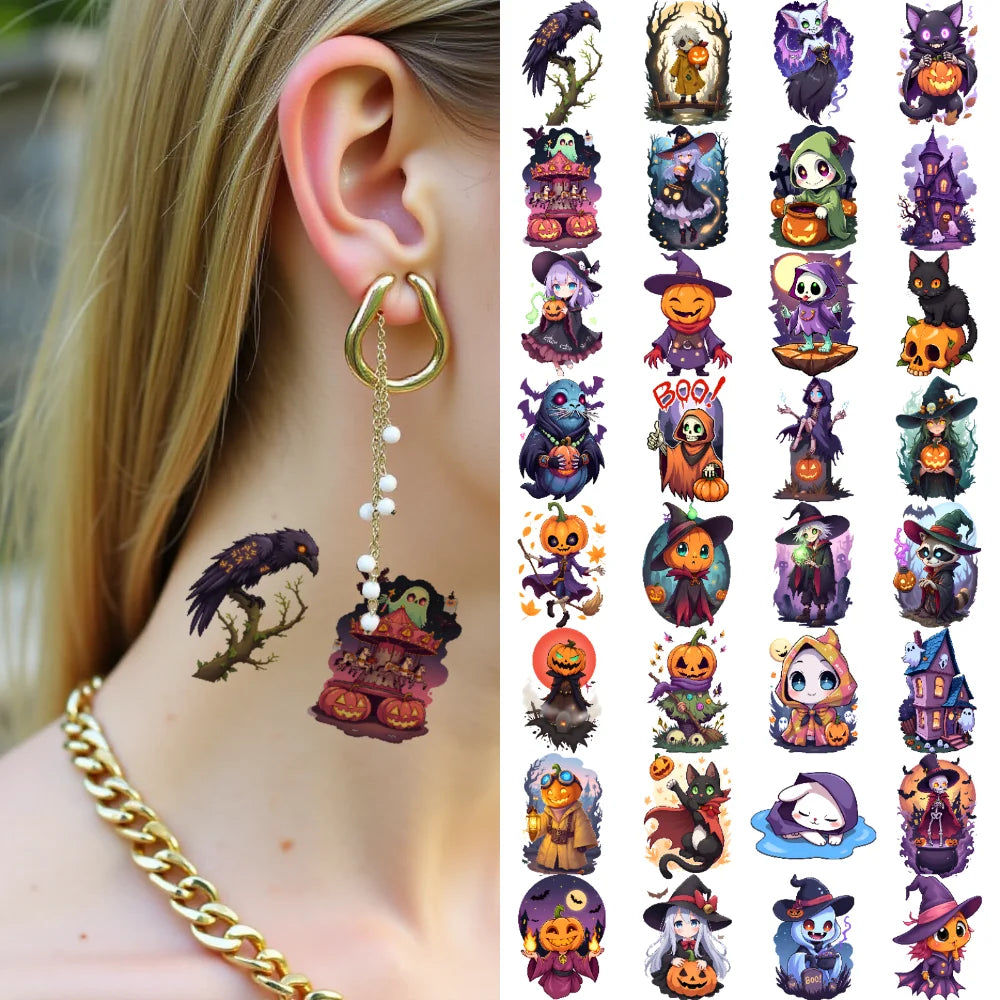 63-Piece Halloween Temporary Tattoos – Waterproof Skull & Witch