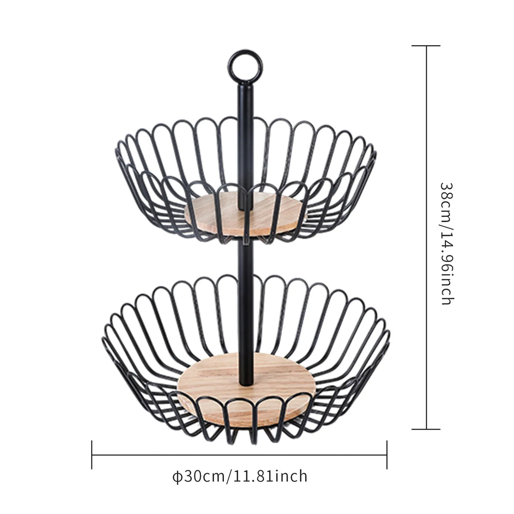 Kitchen double-layer fruit basket removable wooden bottom fruit plate hand basket living room wrought iron candy snack plate Oasis Select Black ring model
