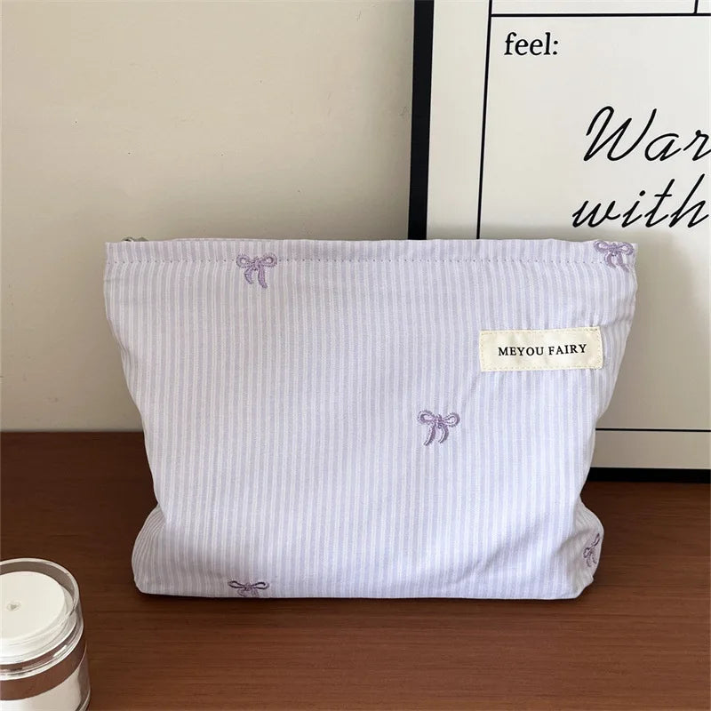 Fashion Women Bow Stripe Makeup Bag Portable Toiletry Lipsticks Cosmetic Storage Pouch Clutch Bag Ladies Organizer Handbag Oasis Select Purple A