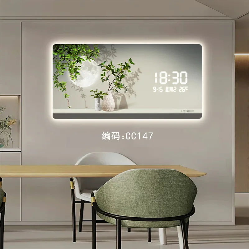 Simple Green Plant Digital Electronic Clock Living Room Decoration Painting Plug-in Digital Display Screen Light Wall Clock Oasis Select CC147 80CM X 40CM
