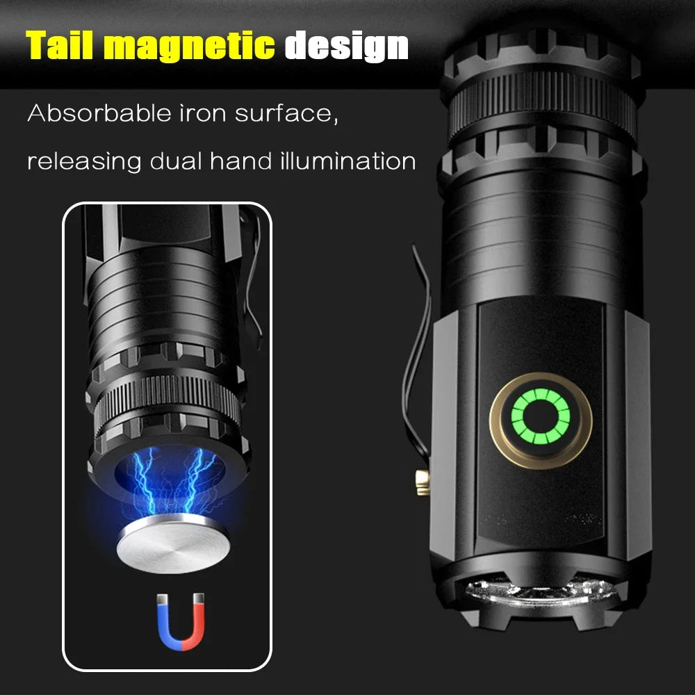 2000LM 3LED Mini Flashlight Powerful Type-C Rechargeable 18350 Battery Torch Lamp with Tail Magnet Tactical Lantern for Camping Oasis Select