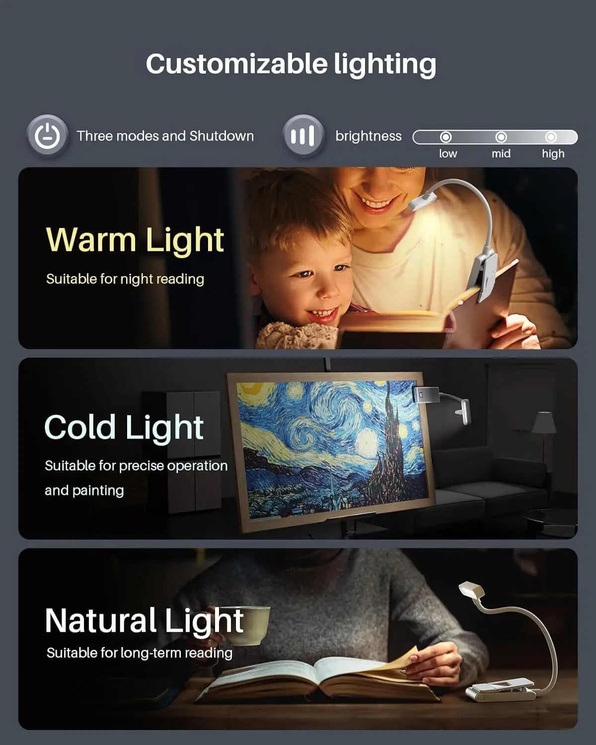 Aluminum Rechargeable Reading Light 3 colors 3 brightness Clip On Mini Book Light Small Read Night Lamp Study Reading Book Lamp Oasis Select