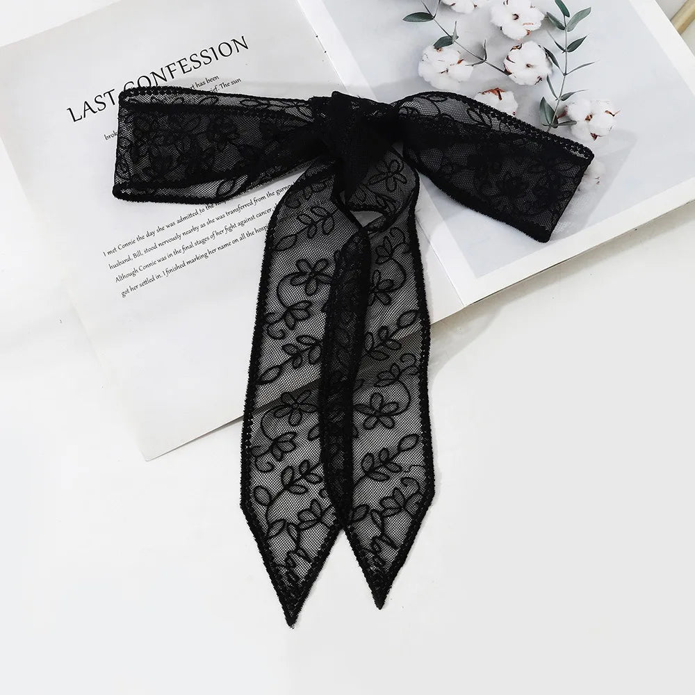 Ins Elegant Thin Women Narrow Long Scarf Korean Version Embroidered Flower Ribbon Waistband 140cm Y2k Female Headscarf Summer Oasis Select Black