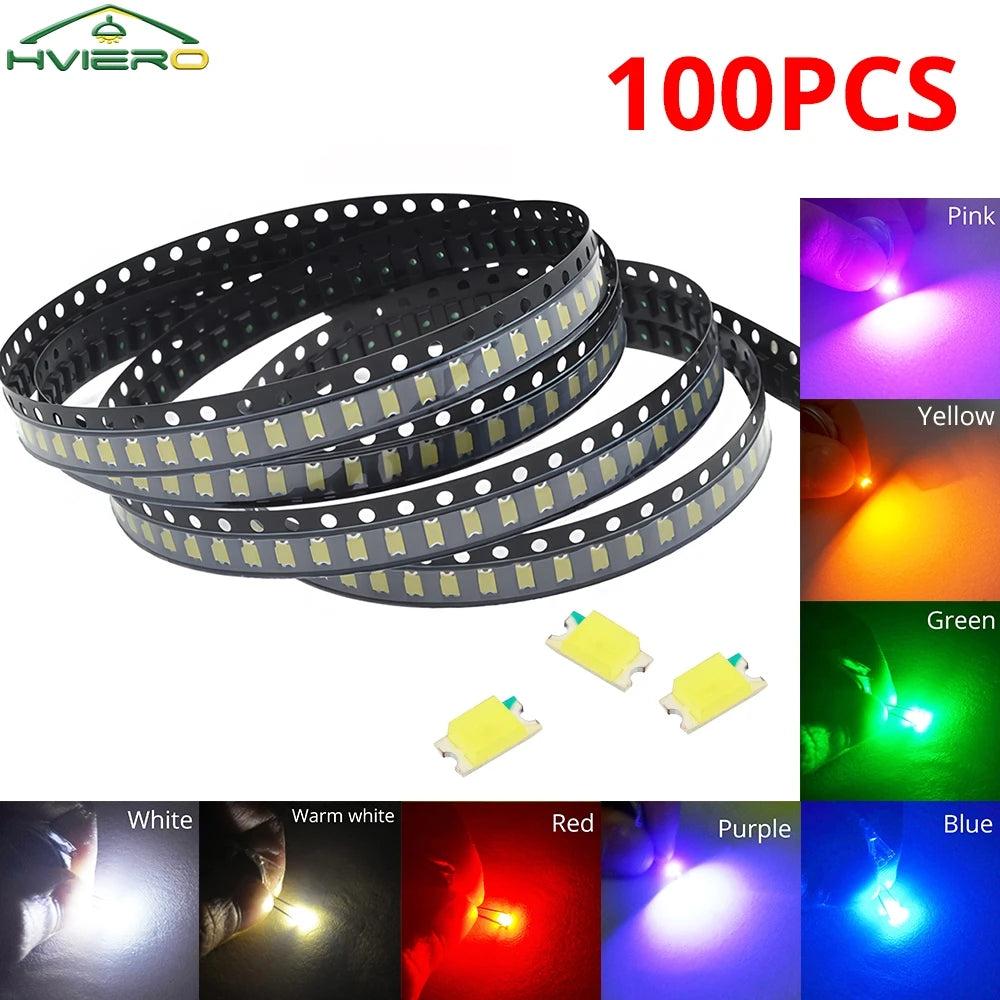 100pcs 1206 SMD LED Chip Beads – 9 Colors, Super Bright DIY