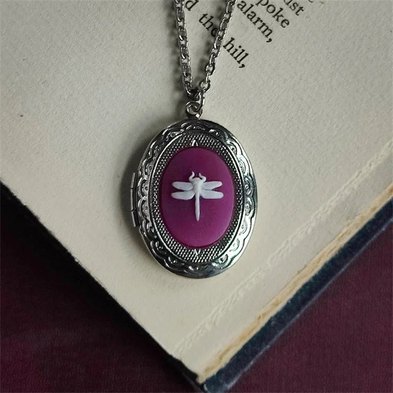 Gothic Vintage Black Red Purple Dragonfly Pendant Necklace Women's Retro Oval Collarbone Necklace Witch Jewelry Gift Accessories Oasis Select 50cm 1