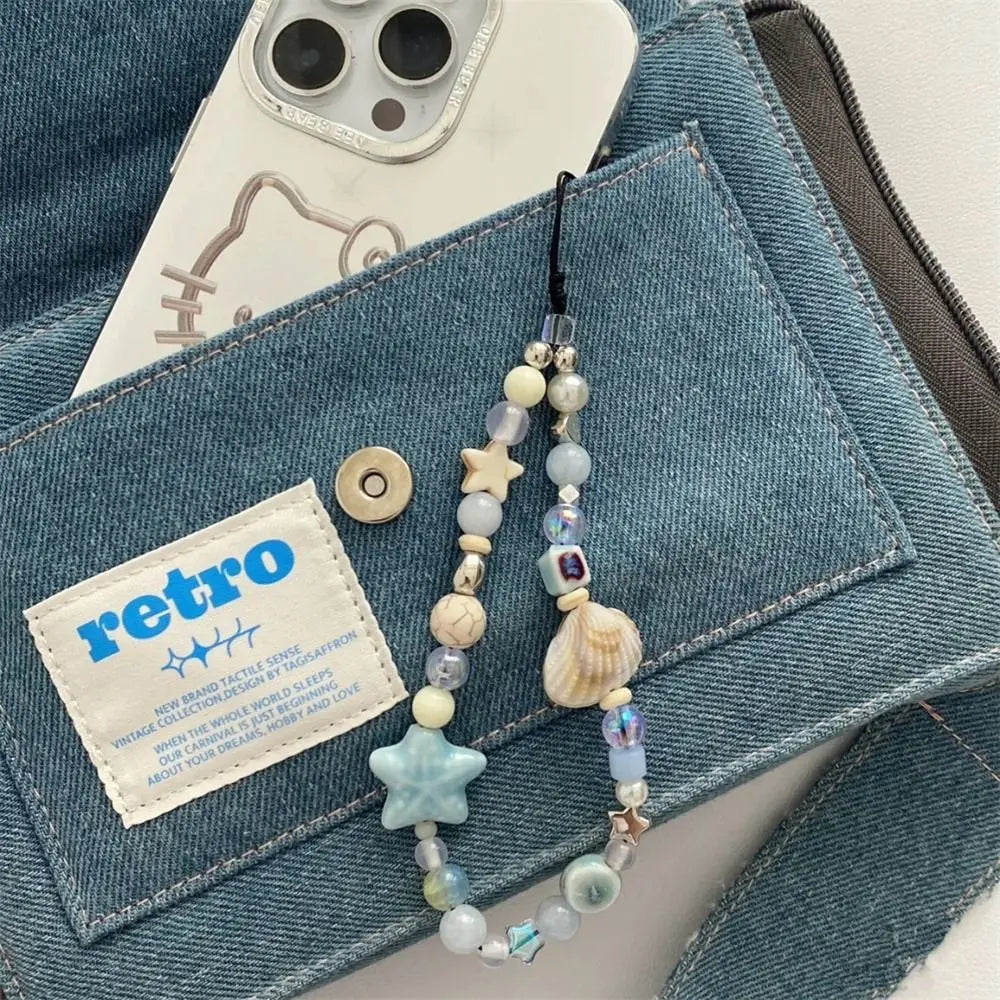 Star Pearl Beaded Phone Chain Phone Charms Hanging Cord Phone Strap Anti-Lost Wrist Strap Mobile Lanyard Phone Pendant Oasis Select