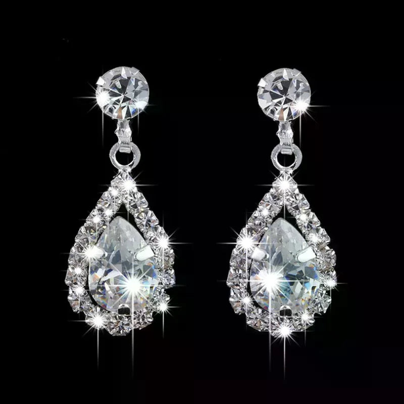Vintage Crystal Waterdrop Pendant Necklace Earrings Silver Wedding Jewelry Set Oasis Select