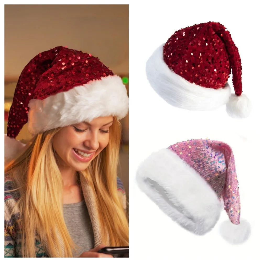 Double-Layer Sequin Santa Hat with Fluffy Pompom | Adults & Kids