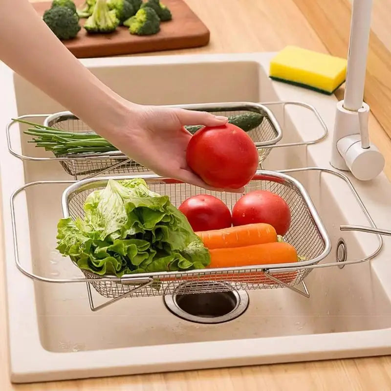 1PCS Stainless Steel Drain Basket Kitchen Sink Retractable Vegetable Washing Basin Drain Rack Tableware Drain Rack Oasis Select