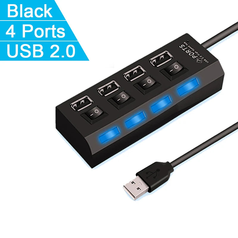 High Speed 4/7 Ports USB HUB 2.0 Adapter Expander Multi USB Splitter Multiple Extender with LED Lamp Switch for PC Laptop Oasis Select 4 Ports Black