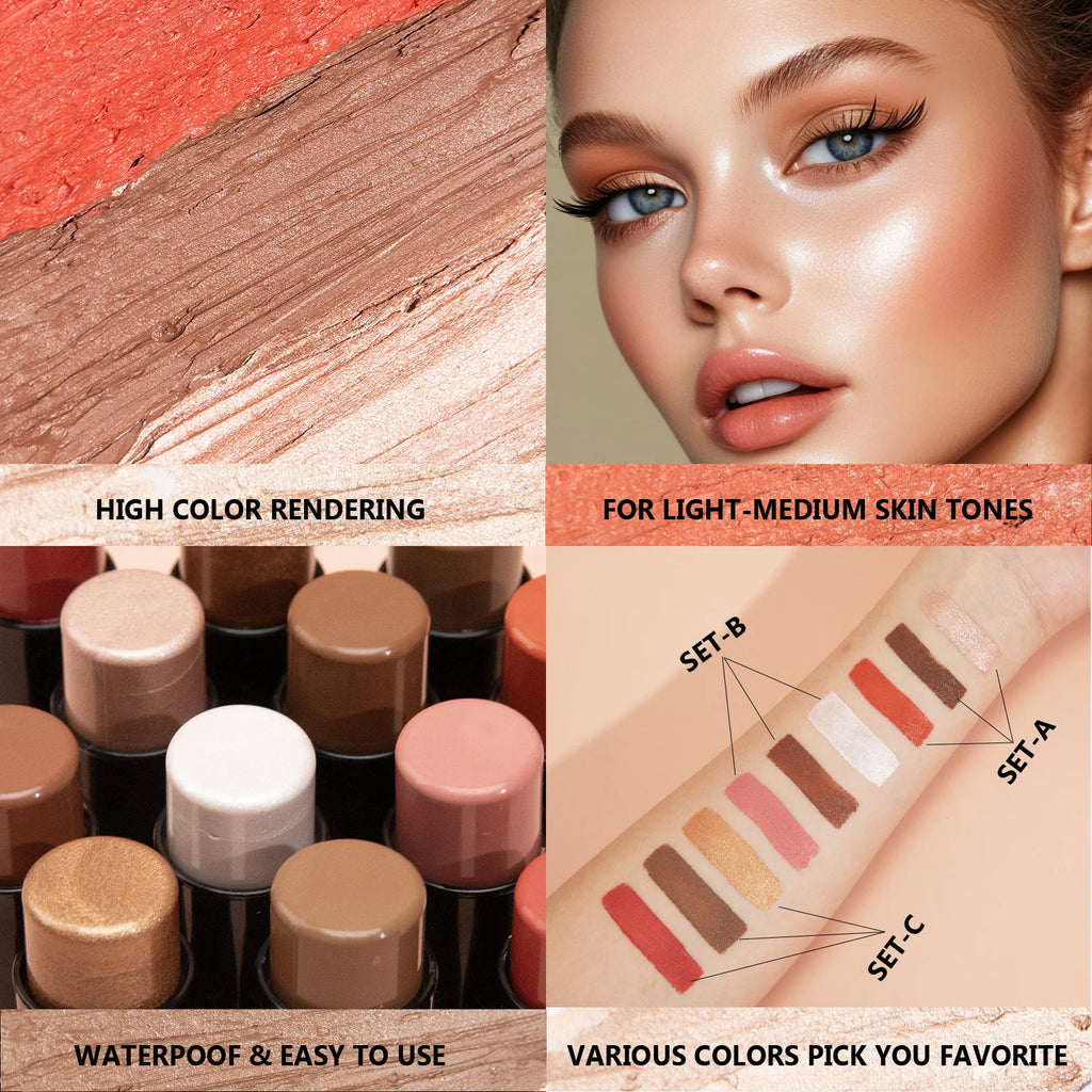 Hello Kiss 4-Piece Cream Contour Kit – Highlight, Blush & Brush