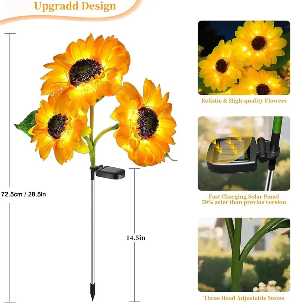 Solar Sunflower Stake Lights – 3-Head LED Garden Decor 2 Pack