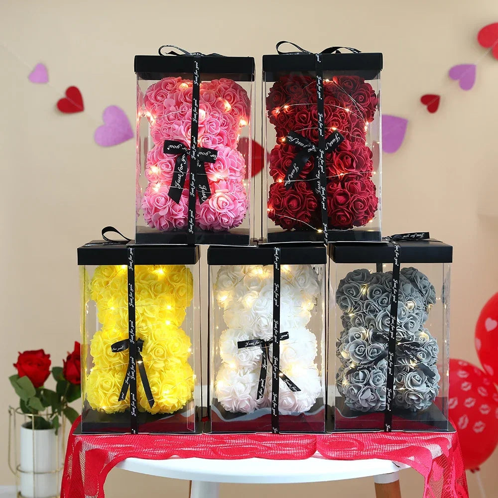 25cm Artificial Teddy Rose Flower Bear with Box Romantic Valentines Day Gift Girlfriend Anniversary Wedding Party Supplies Oasis Select