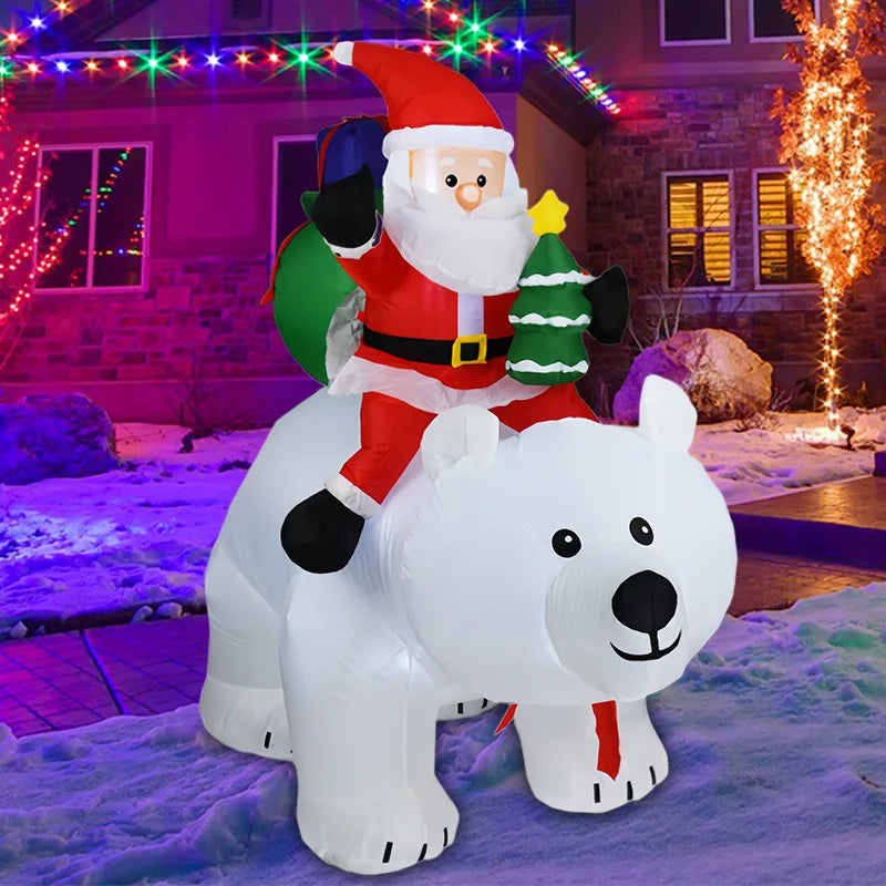 Christmas Inflatable Santa Claus Riding A Polar Bear LED Light Inflatable Model Courtyard Christmas Tree Gift Decoration Oasis Select