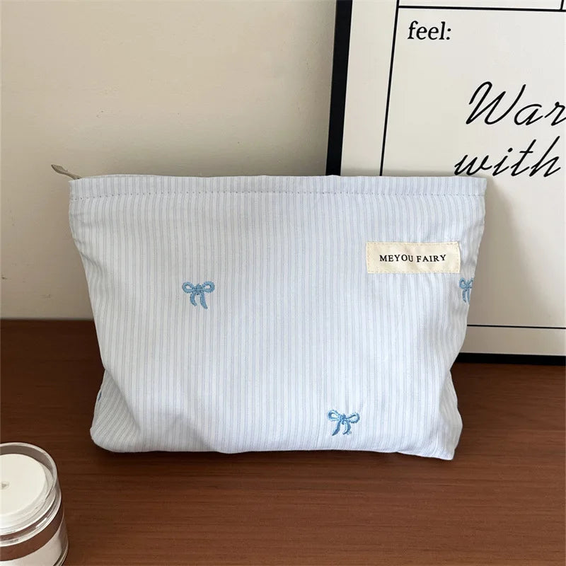 Fashion Women Bow Stripe Makeup Bag Portable Toiletry Lipsticks Cosmetic Storage Pouch Clutch Bag Ladies Organizer Handbag Oasis Select Light Blue F
