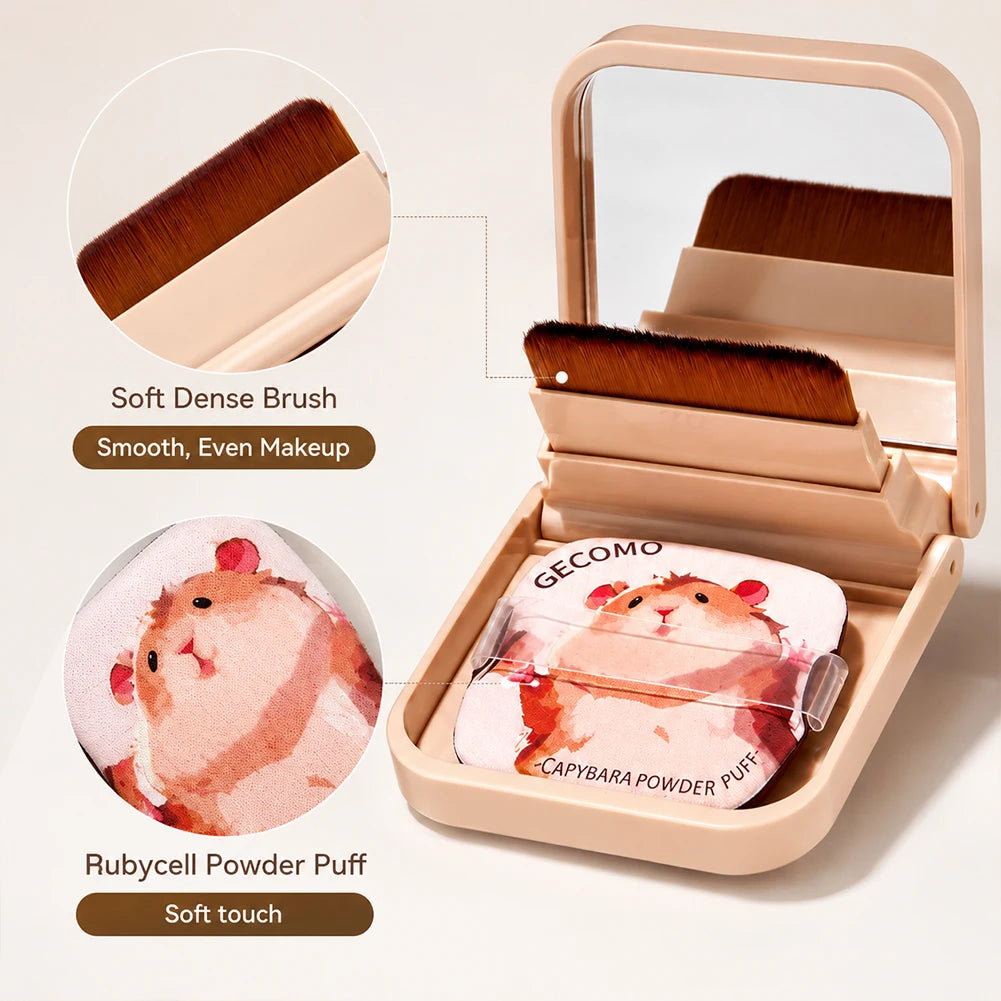 Foldable Compact Makeup Mirror Case Cute Hamster Pattern Soft Foundation Brush & Skin-friendly Powder Puff Pocket Beauty Kit Oasis Select