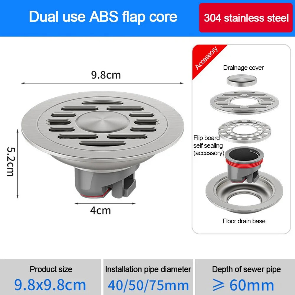 With Grid Grate Cover Shower Floor Drain 304 Stainless Steel Round Sink Strainer Anti-odor Backflow Preventer Sewer Drain Filter Oasis Select Type2-plastic core
