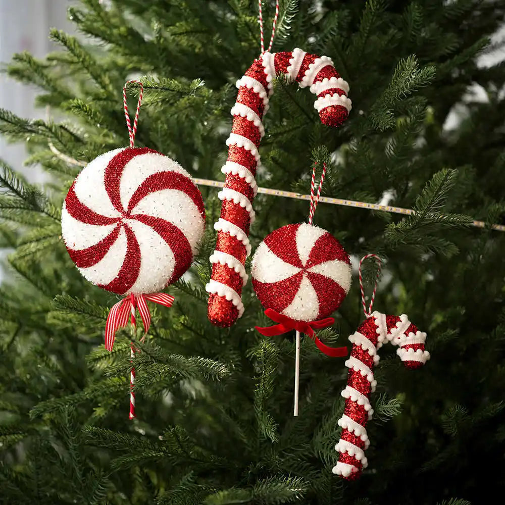 Christmas Tree Ornaments Red and White Walking Sticks Candies Christmas Ball Decorations Scene Arrangement Christmas Decor Oasis Select