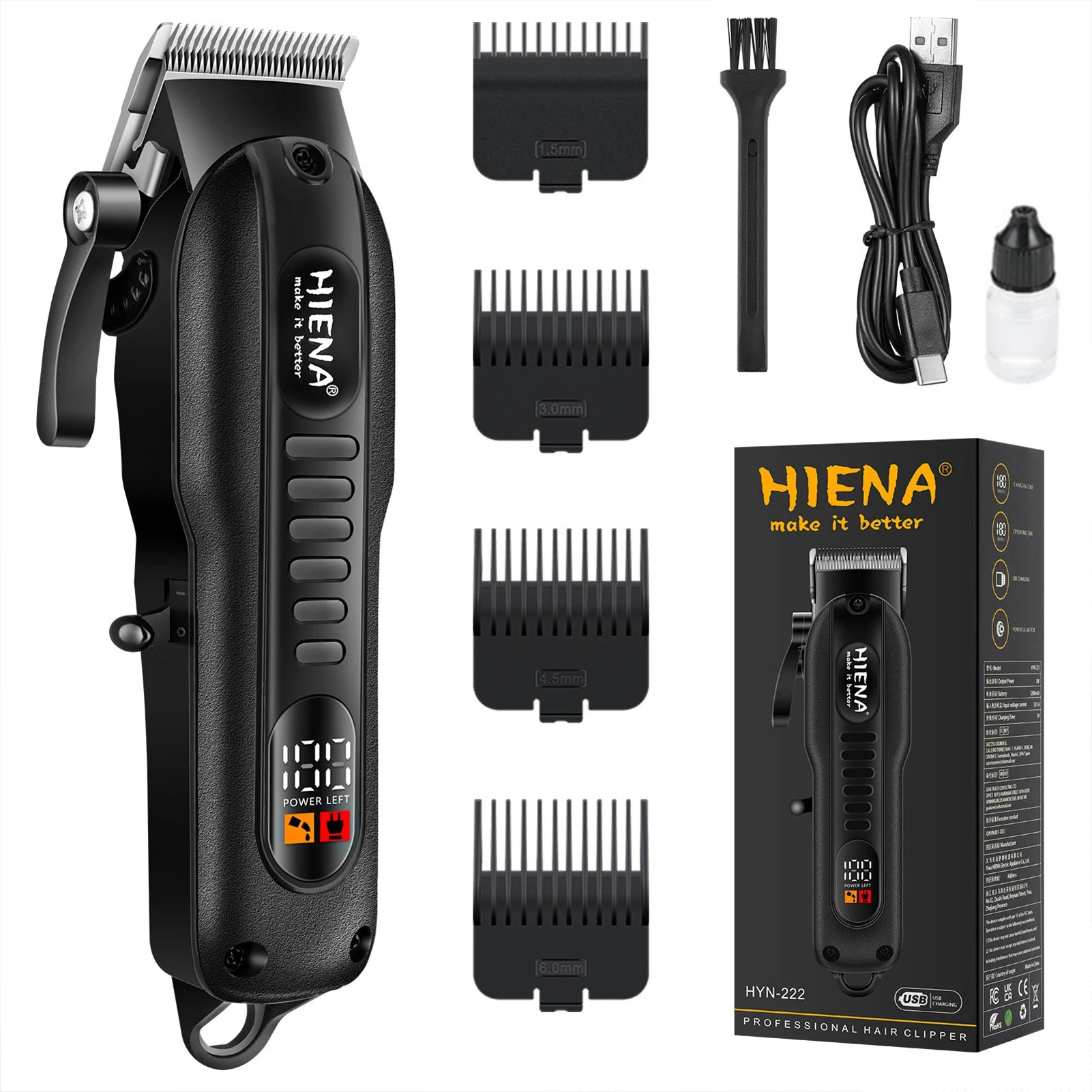 HYN-222 Professional Hair Clippers 5V1A Rechargeable Hair Trimmer Stainless Steel Blade Black Washable Head For Men Styling Tool Oasis Select