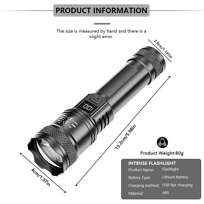 2000LM Tactical LED Flashlight | USB-C Rechargeable & Zoomable