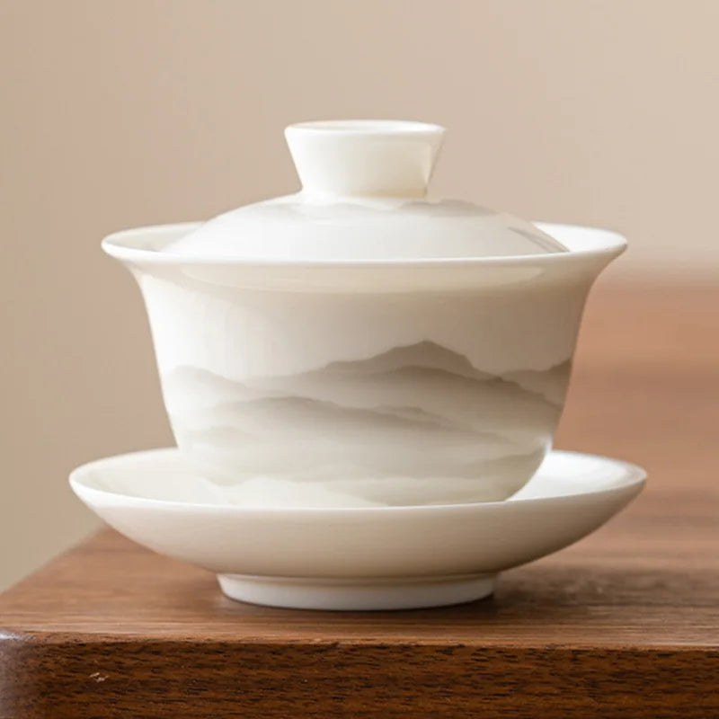 Yangzhi Jade Three-talent Covered Bowl Single High-end Non-scalding Tea Bowl with Lid White Porcelain Kung Fu Tea Set Tea Oasis Select