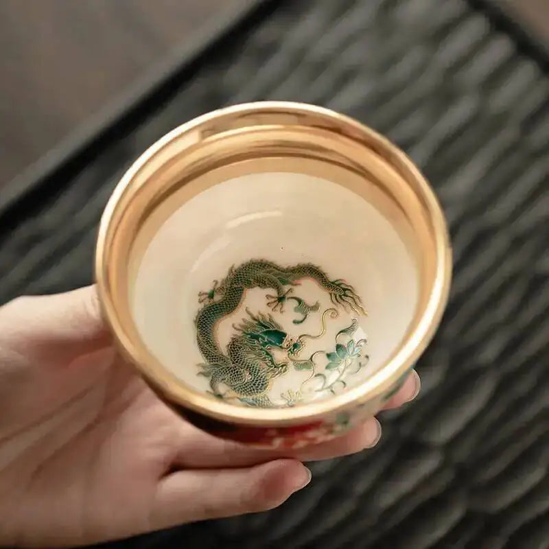 Enamel Color Gilded Tea Cup Dragon And Phoenix Ceramic Master Cup Tea Bowl Handmade Teacup Drinking Tea Cup Oasis Select