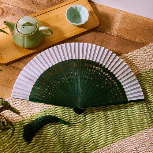 21cm Chinese style retro style green series Cherry Blossom gradient folding fan daily portable dance cheongsam fan Oasis Select 6