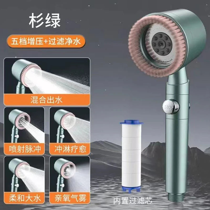 New 5 Mode Pressurized Shower Head With Filter Stop Button Water Saving Spray Nozzles Big Boost Showerhead Bathroom Accessories Oasis Select New green shower
