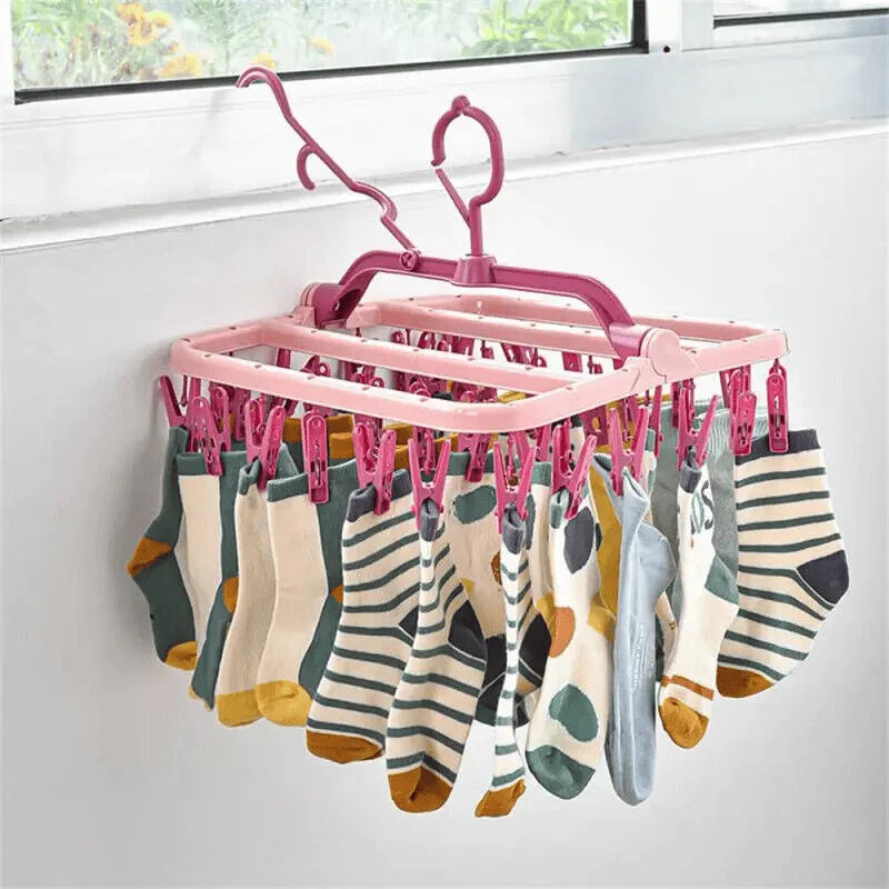 32-Clip Foldable Clothes Drying Rack | Windproof Laundry Hanger