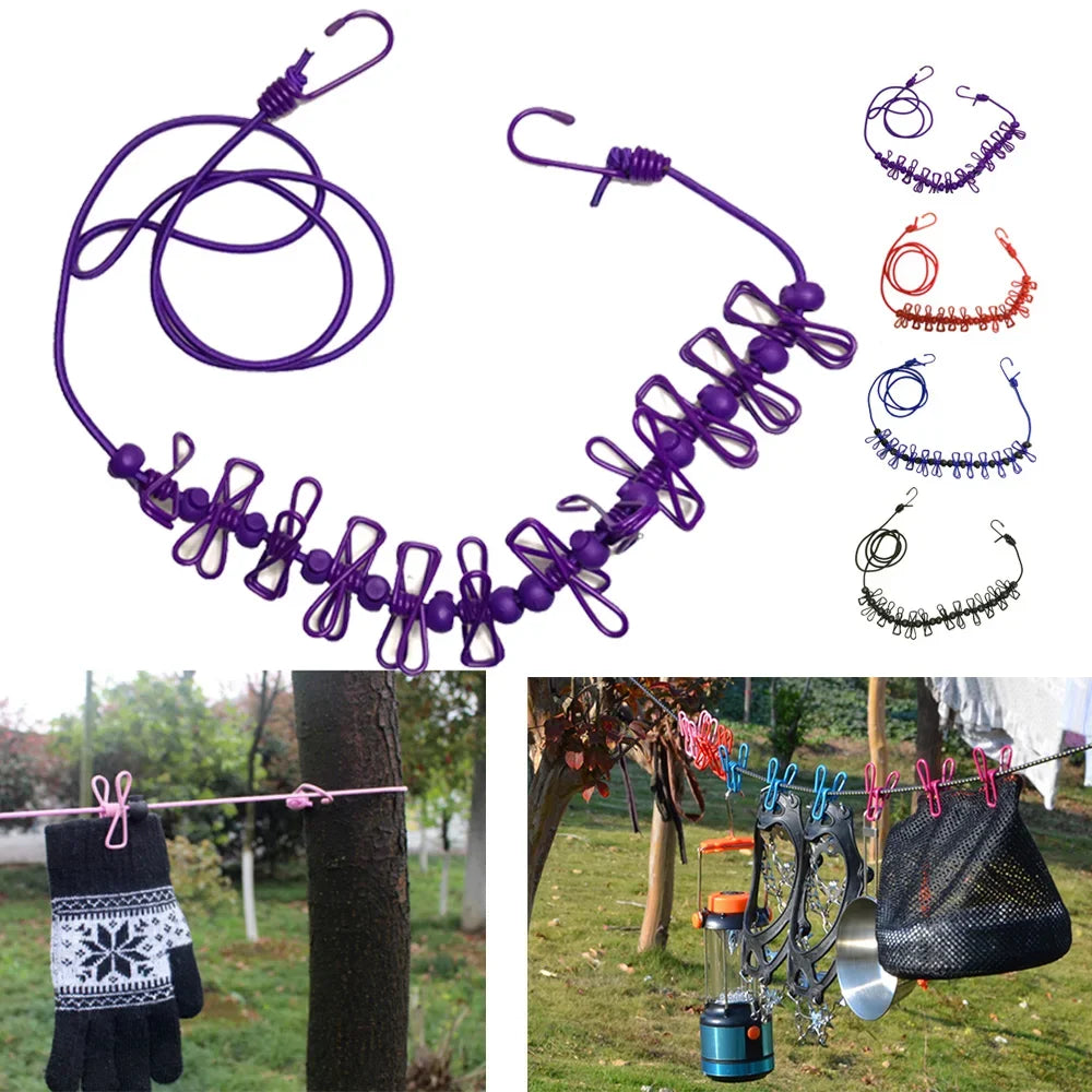 4M Outdoor Camping Non-slip stretch clothesline With 12Clips Travel Stretchy Clothesline Sock Line Hanging Laundry Drying Rope Oasis Select