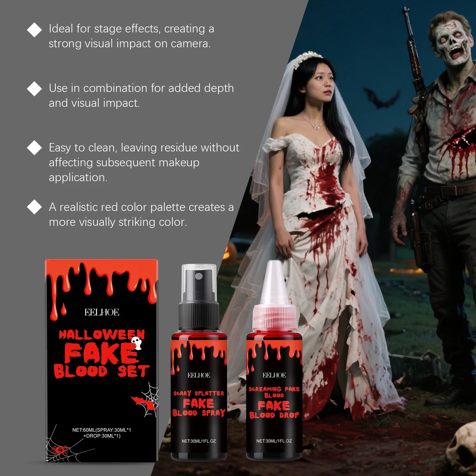 Eelhoe Halloween Fake Blood Set – Drip & Spray SFX Makeup SFX Halloween Makeup Oasis Select