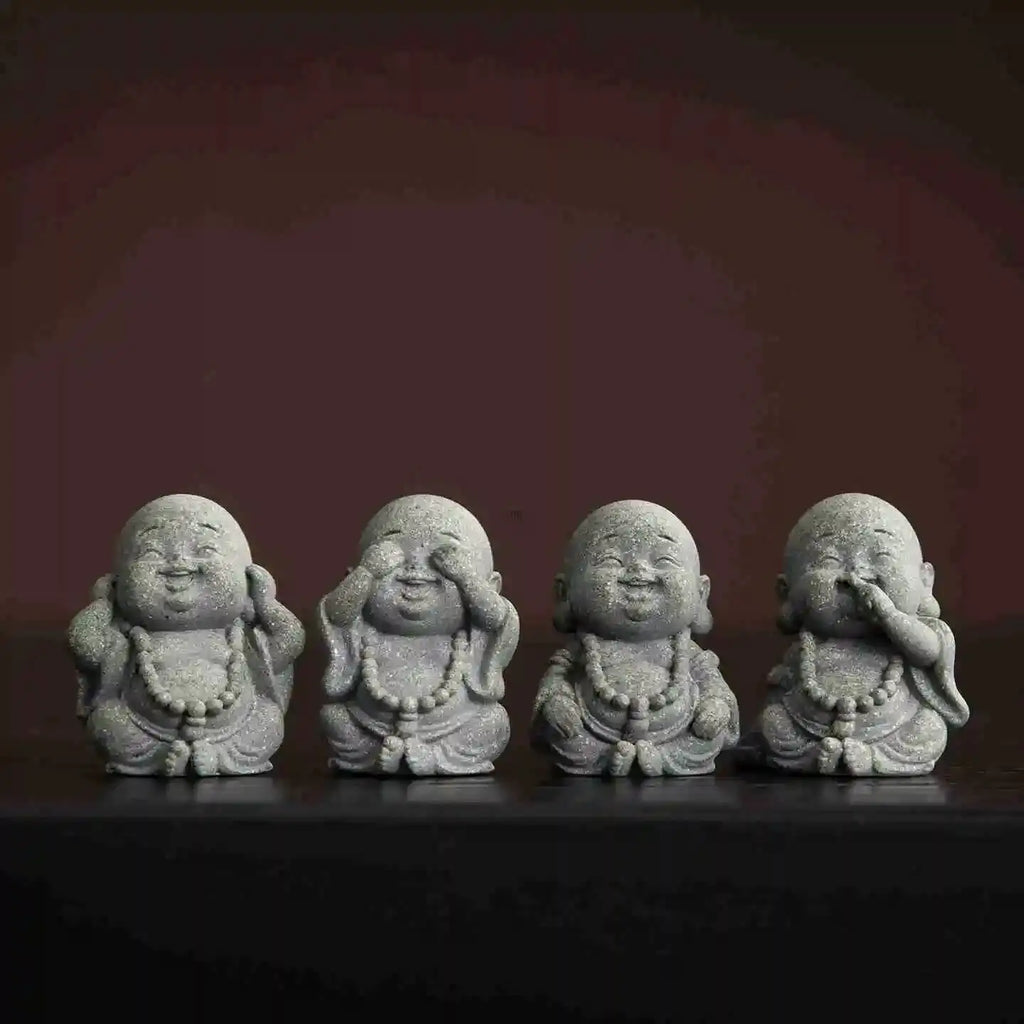 Green Sandstone tea pet Big Belly Maitreya Buddha Laughing Four Little Monks Ornament Desktop Tea play Table Craft Oasis Select